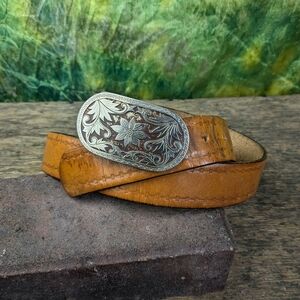 Vintage Tan Leather Belt with Ornate Silver Buckle